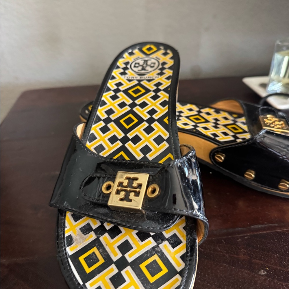 Tory Burch Black and Gold Slide Sandals - Picture 2 of 4